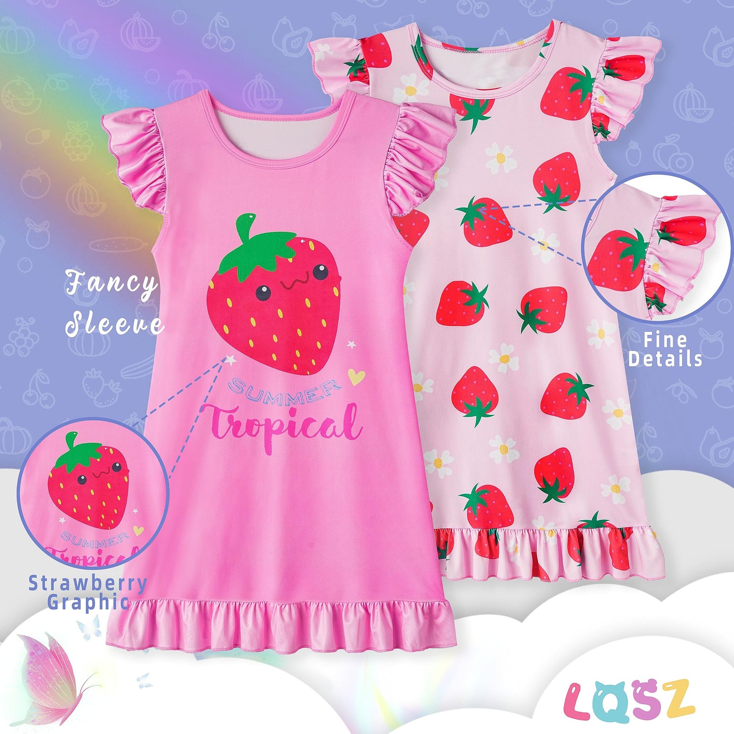 LQSZ 2Pcs Girls Nightgowns 3-10 Years Flutter Short Sleeves Nightdress Nightie Dress Sleepwear Pajamas for Little Girls