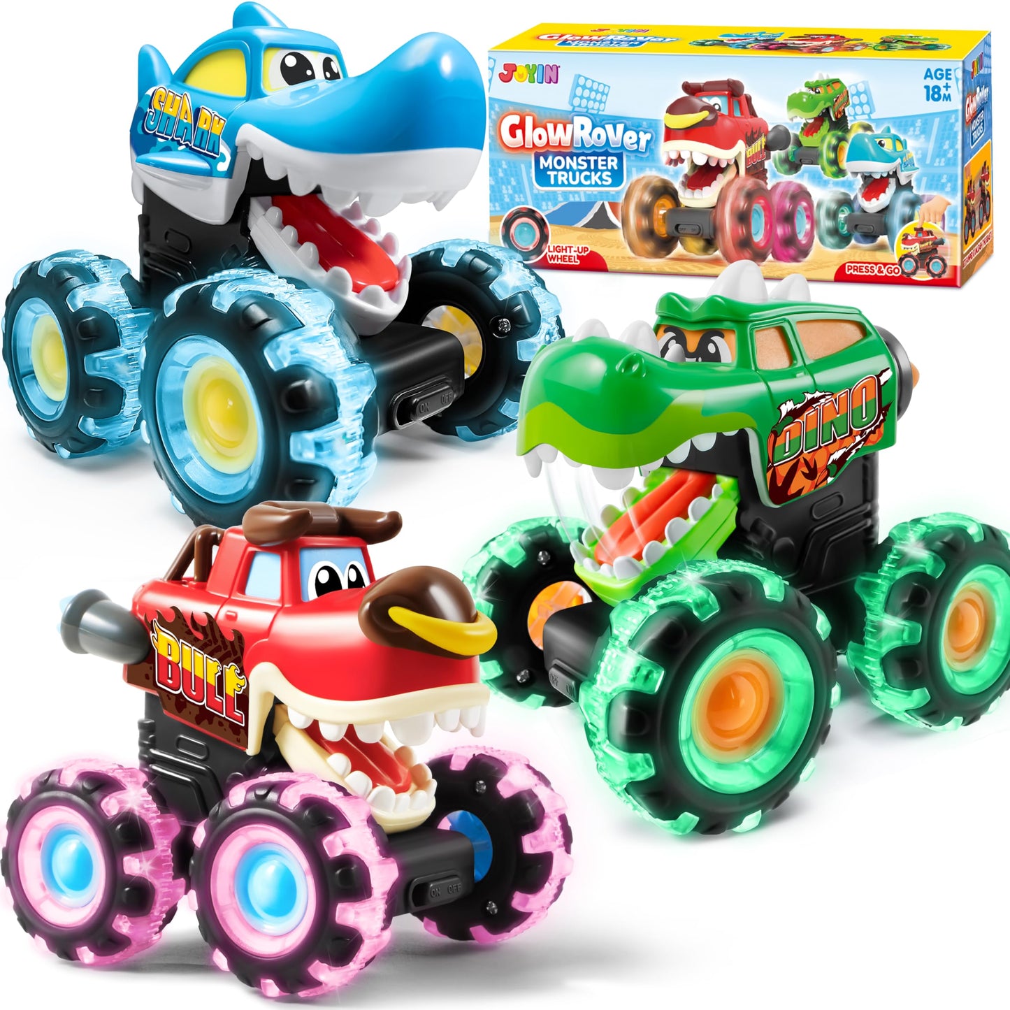 JOYIN 3 Pack Monster Truck Toy - Motion Activated Light-Up Cars for Toddlers - Monster Treads Lightning Wheels - Baby Toy Press & Go Cars for Boys Girls