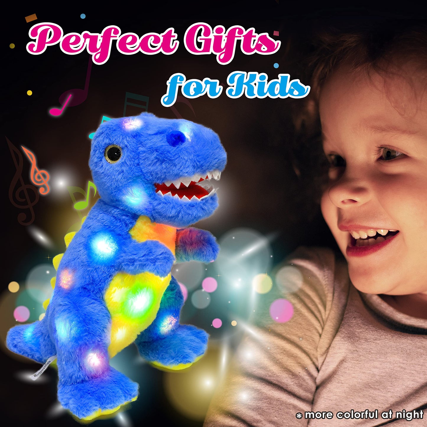 Cuteoy Blue Dinosaur LED Stuffed Animal Light-up Plush Birthday Christmas T-Rex Plushies Toy Gifts for Kids Toddler Girls, 12.5"