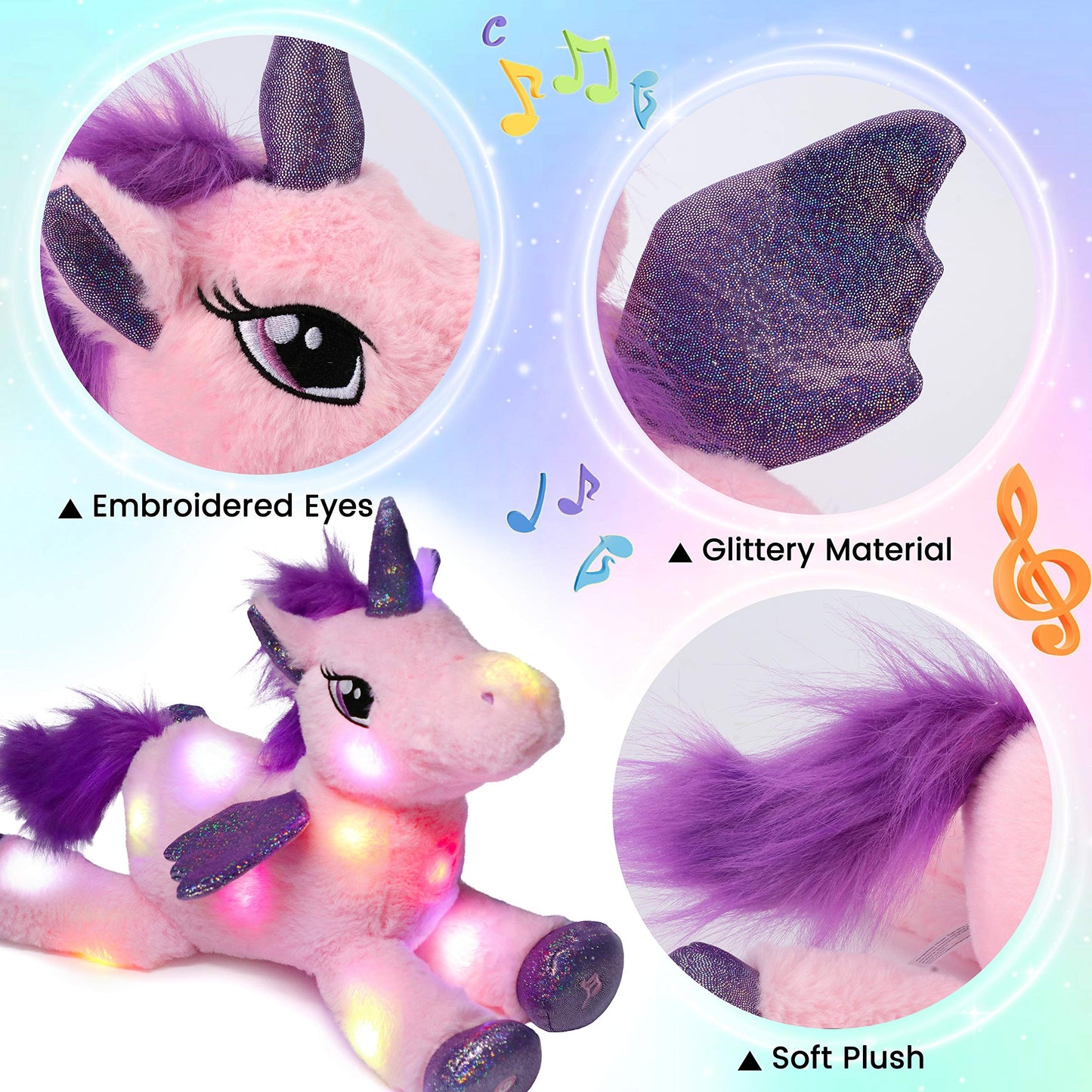 Hopearl LED Musical Stuffed Unicorn Light up Singing Plush Toy Adjustable Volume Lullaby Animated Soothe Birthday Festival for Kids Toddler Girls, Pink, 16''