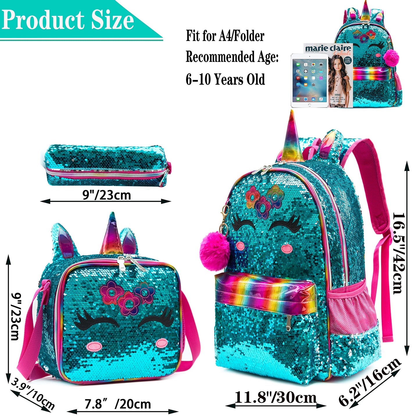 Meetbelify Backpacks for Girls,Kids School Backpacks with Lunch Box for Elementary Preschool Students Cute Panda Sequin Travel Backpack 3 in 1 Bookbag Set for Girls