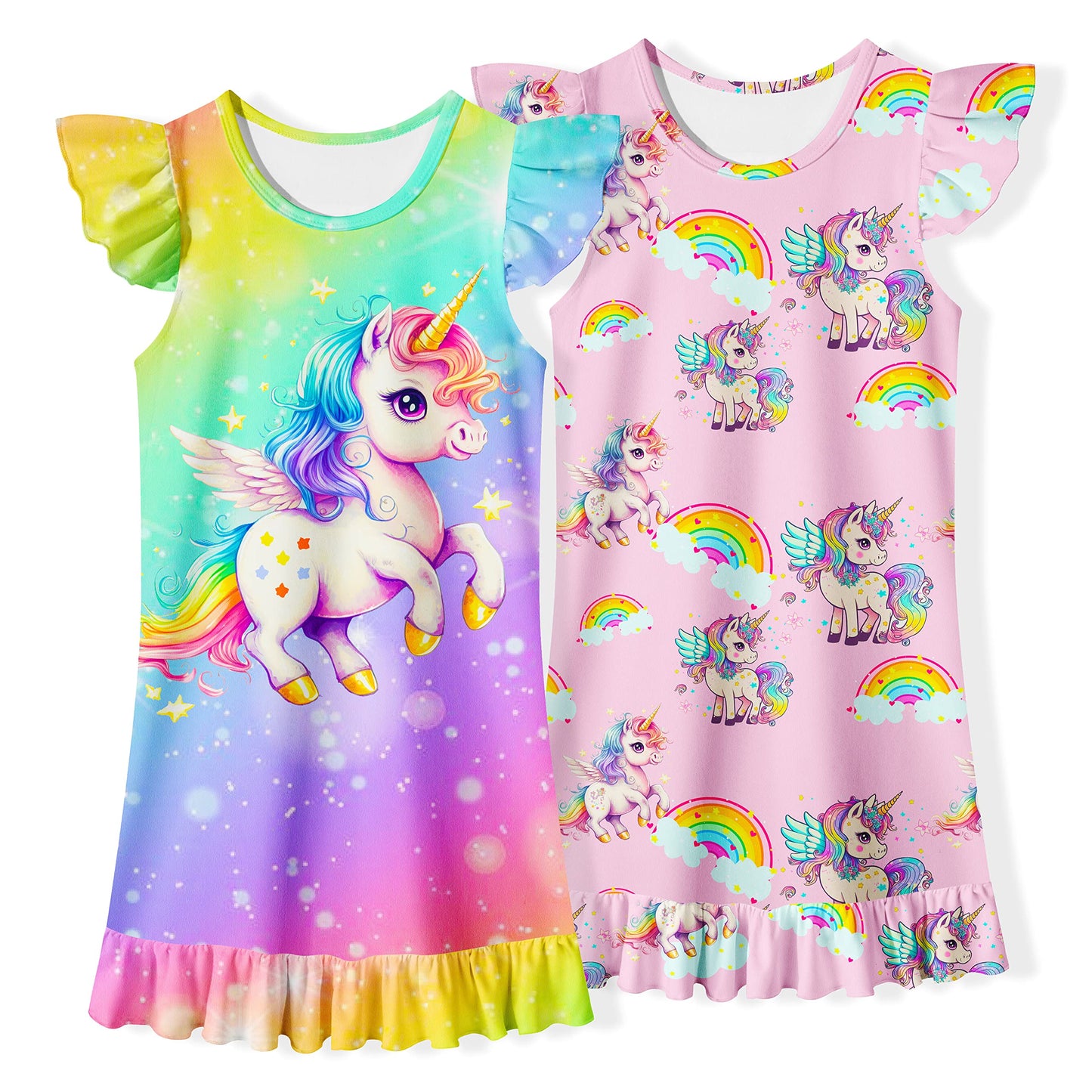 LQSZ 2Pcs Girls Nightgowns 3-10 Years Flutter Short Sleeves Nightdress Nightie Dress Sleepwear Pajamas for Little Girls