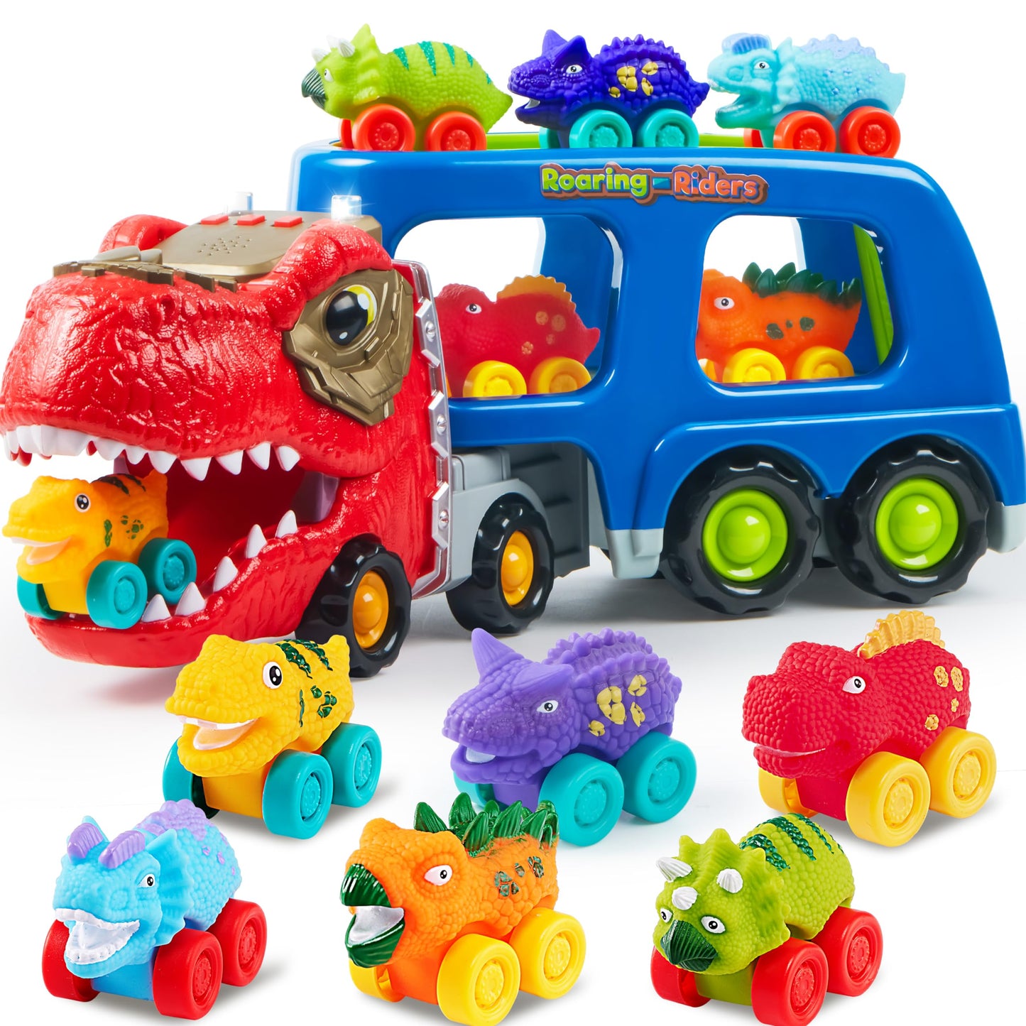 JOYIN Dinosaur Truck Toys for Kids, Kids Toys Boys Age 3 4 5, Dinosaur Car Carrier Truck Toy with 6 Rubber Car Vehicles, Toddler Birthday Gifts with Music & Lights for 3 4 5 Year Old Boys