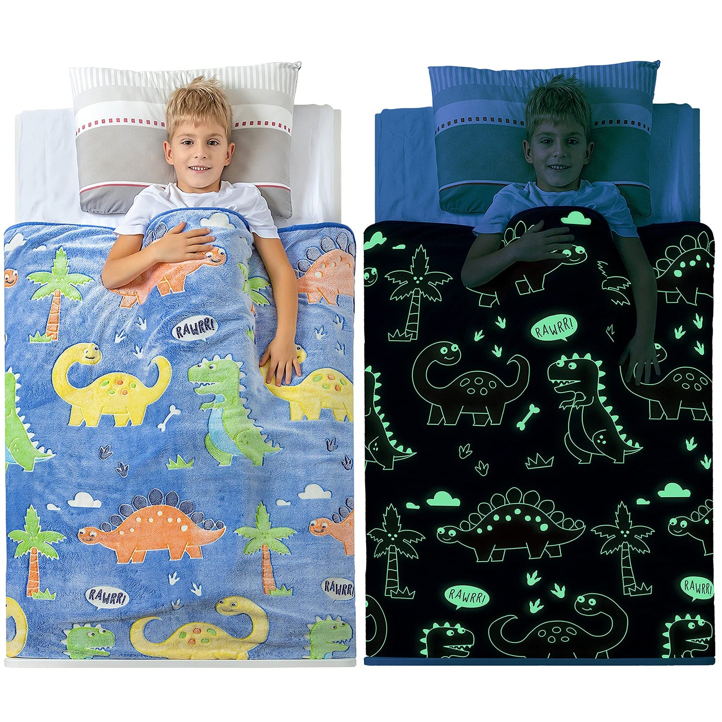 Glow in The Dark Dinosaur Blanket for Boys –Soft Plush Blue Fleece Throw Blanket. Great Dinosaur Gifts for Kids, Grandkids, Baby, Toddler, Birthday, Christmas! 8+ Hour Glow. (50”X60”)