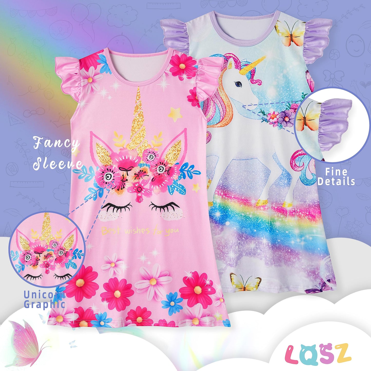 LQSZ 2Pcs Girls Nightgowns 3-10 Years Flutter Short Sleeves Nightdress Nightie Dress Sleepwear Pajamas for Little Girls