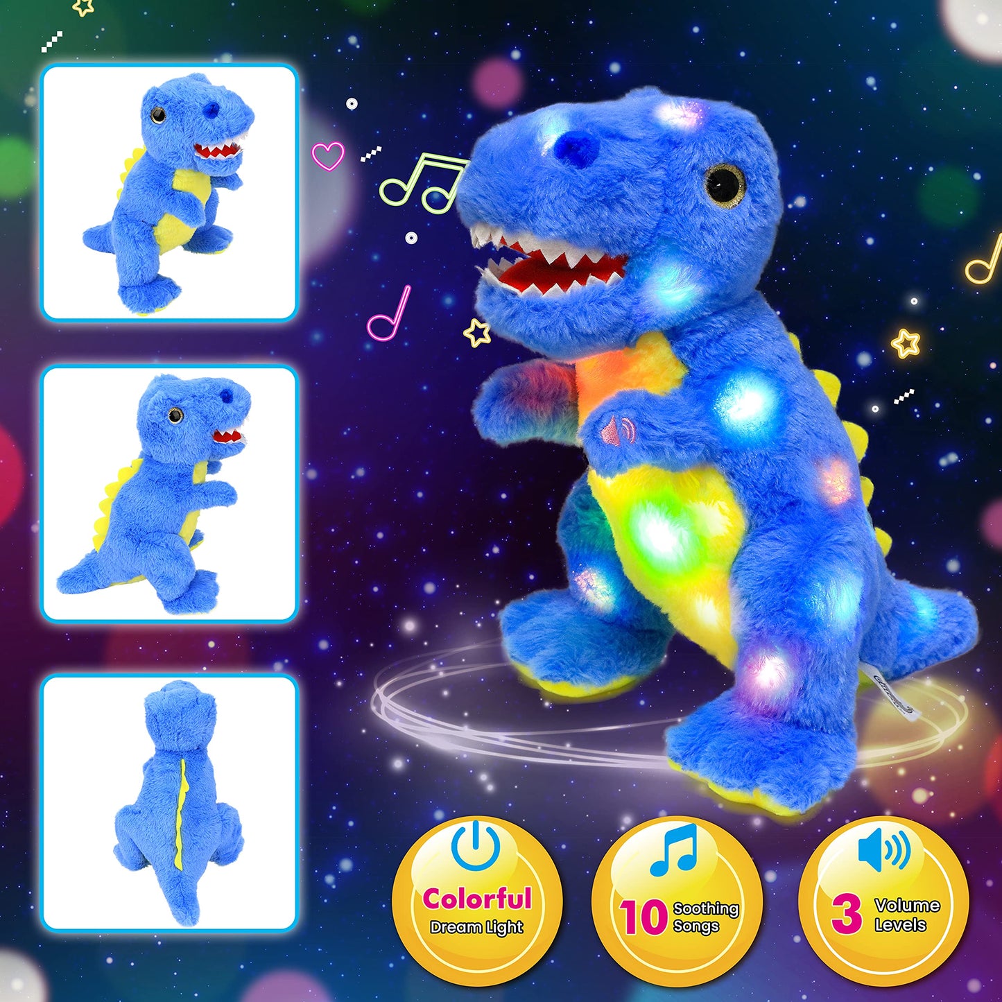 Cuteoy Blue Dinosaur LED Stuffed Animal Light-up Plush Birthday Christmas T-Rex Plushies Toy Gifts for Kids Toddler Girls, 12.5"