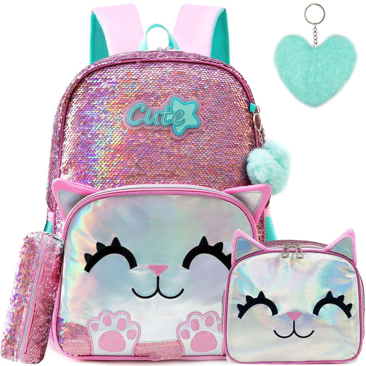 Meetbelify Backpacks for Girls,Kids School Backpacks with Lunch Box for Elementary Preschool Students Cute Panda Sequin Travel Backpack 3 in 1 Bookbag Set for Girls