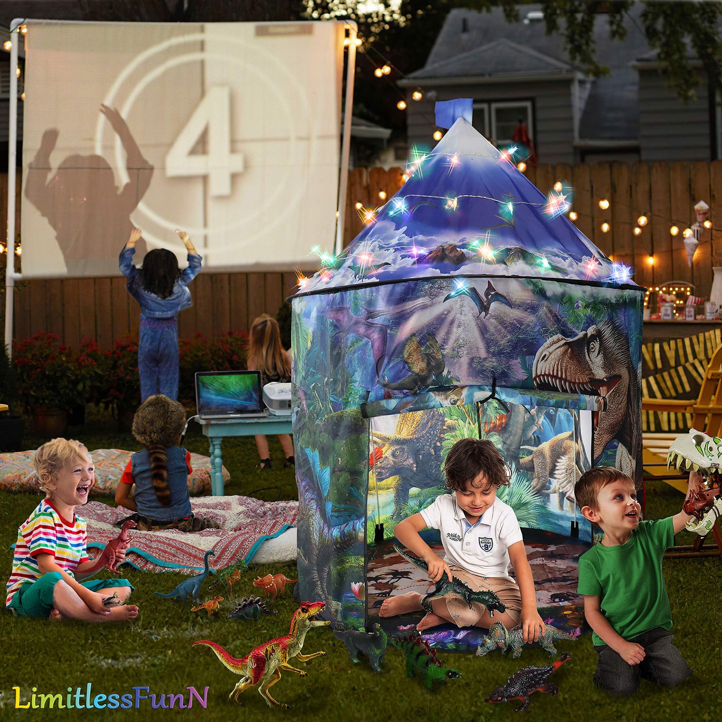 LimitlessFunN Dinosaur Pop Up Kids Play Tent | includes Star Lights & Carrying Case |, Children Indoor Castle Playhouse for Boys, Toddlers, 41" D x 41" W x 53" H