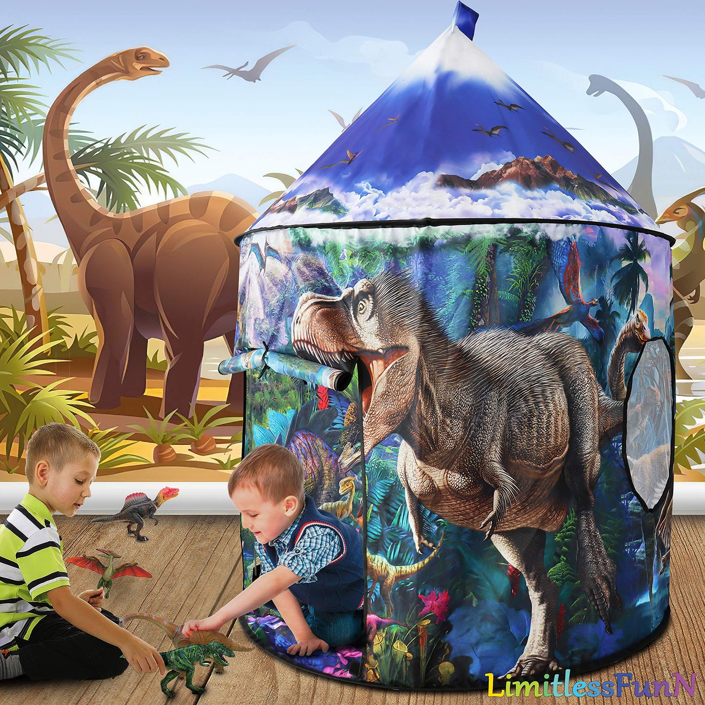 LimitlessFunN Dinosaur Pop Up Kids Play Tent | includes Star Lights & Carrying Case |, Children Indoor Castle Playhouse for Boys, Toddlers, 41" D x 41" W x 53" H